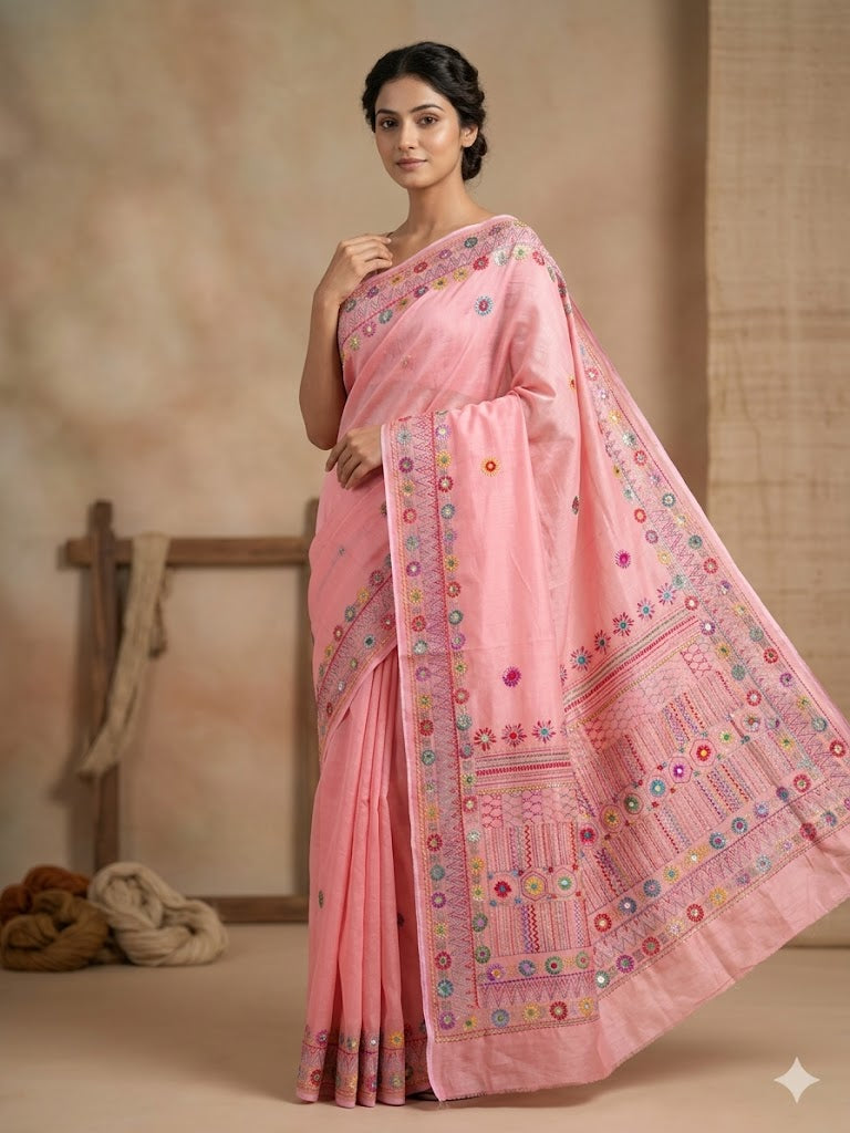 Premium Handcrafted Bullion Stitch Work Chanderi Saree with Blouse Piece