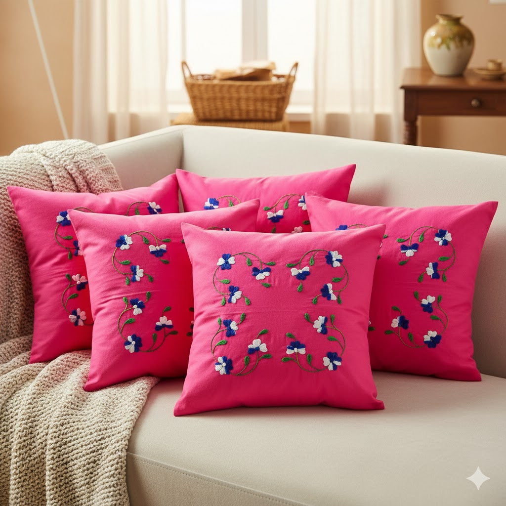 Hand Embroidered Cotton Cushion Covers (Set of 5)