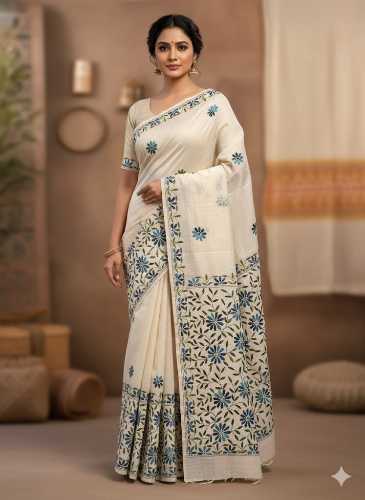 Premium Handcrafted Kantha Work Chanderi Saree with Blouse Piece