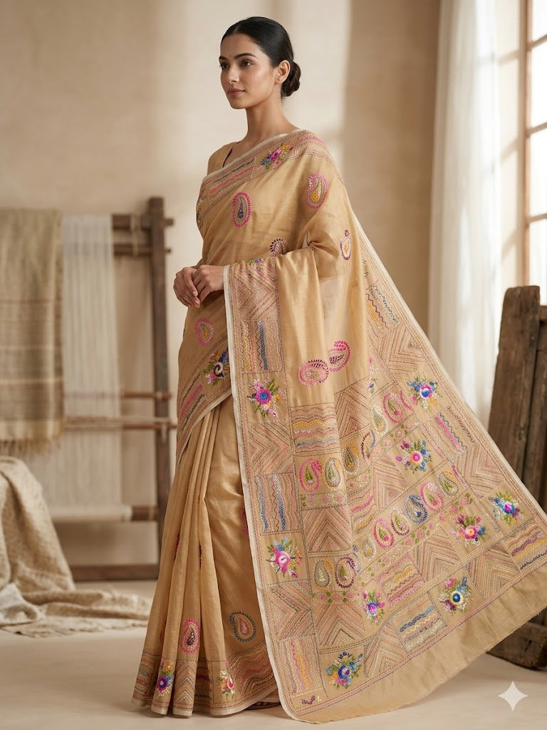 Premium Handcrafted Bullion Stitch Work Chanderi Saree with Blouse Piece
