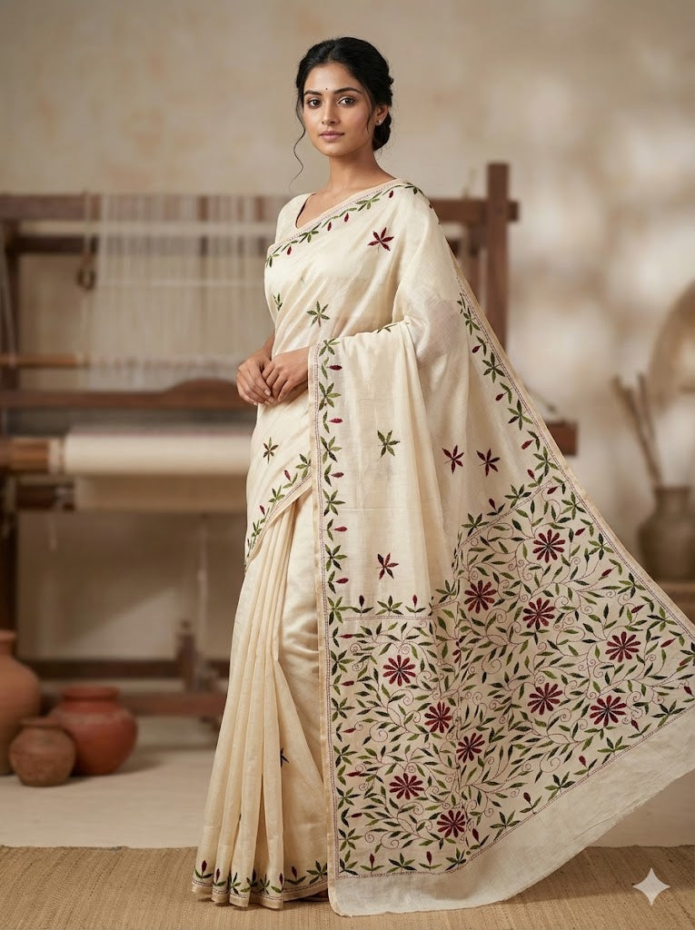 Premium Handcrafted Kantha Work Chanderi Saree with Blouse Piece