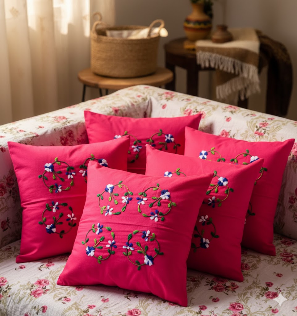 Hand Embroidered Cotton Cushion Covers (Set of 5)