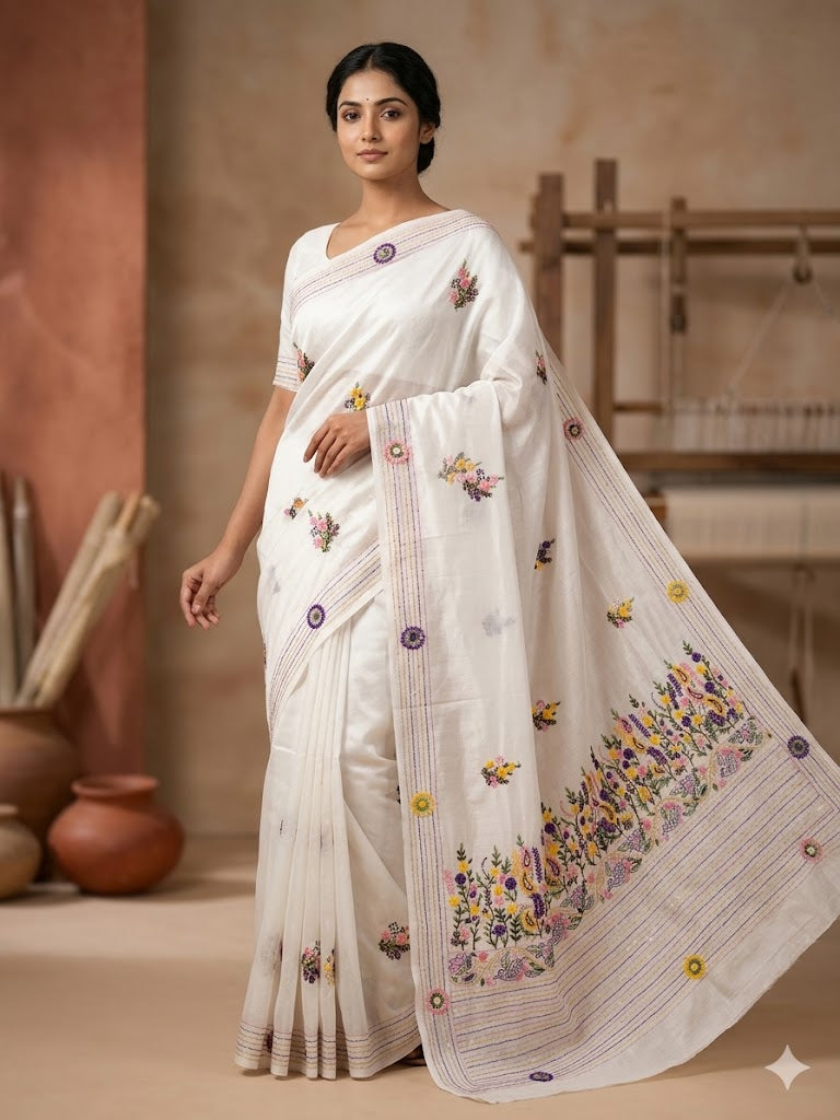 Premium Handcrafted Bullion Stitch Work Chanderi Saree with Blouse Piece