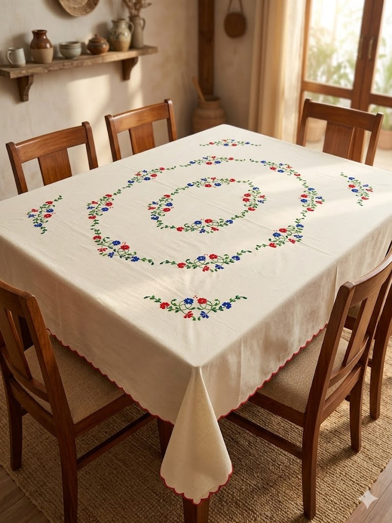 Hand Embroidered Floral Table Cover