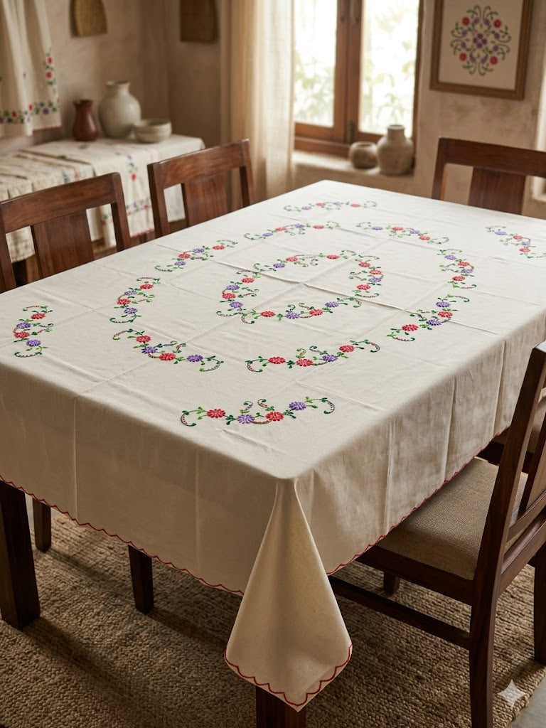 Hand Embroidered Floral Table Cover