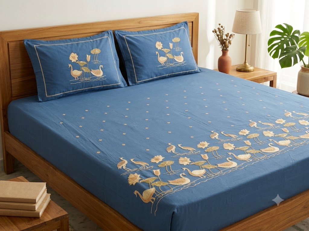 Premium Designer Embroidered Satin Cotton Bedsheet Set