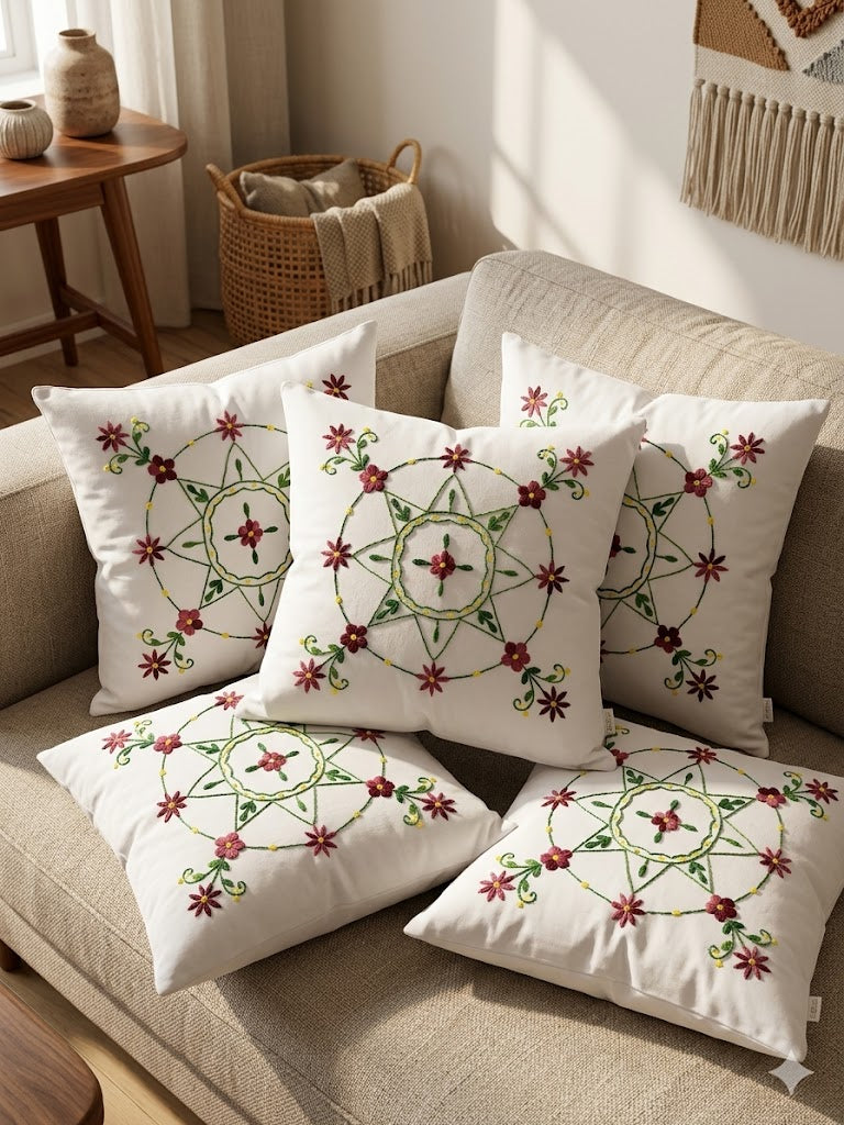 Hand Embroidered Cotton Cushion Covers (Set of 5)