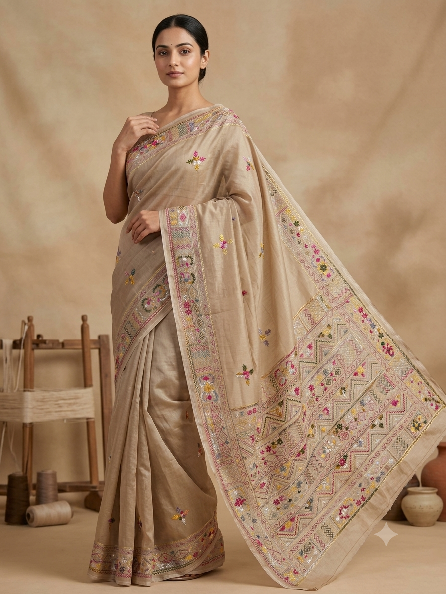 Premium Handcrafted Bullion Stitch Work Chanderi Saree with Blouse Piece