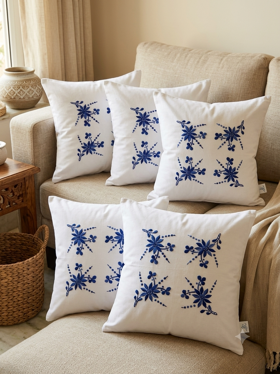 Hand Embroidered Cotton Cushion Covers (Set of 5)