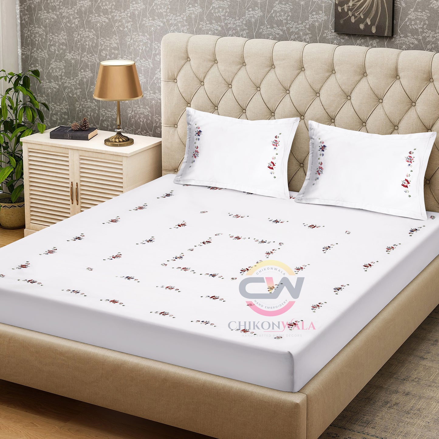 Chikonwala's Butterfly Embroidered White King Size Bedsheet