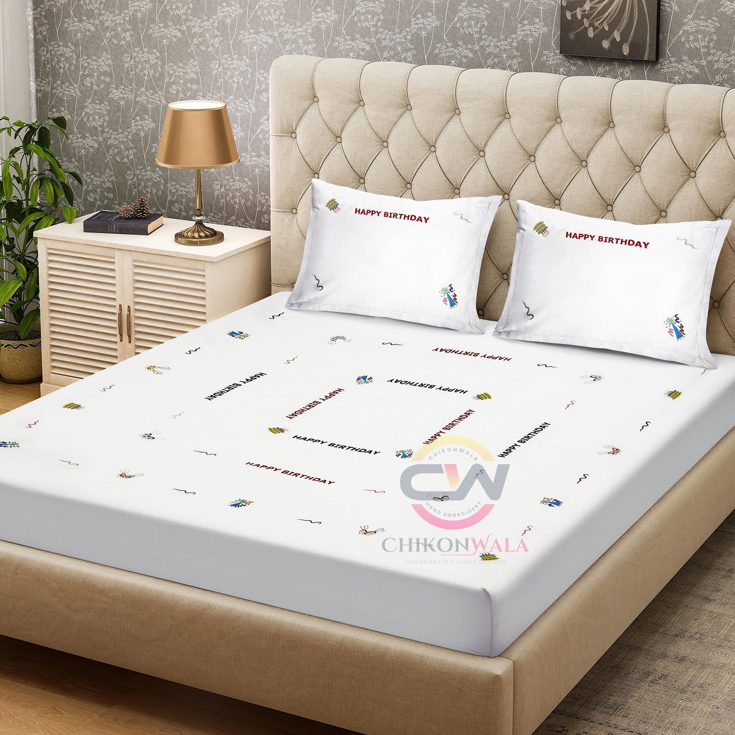 Chikonwala's Hand Embroidered Birthday Special King Size Bedsheet