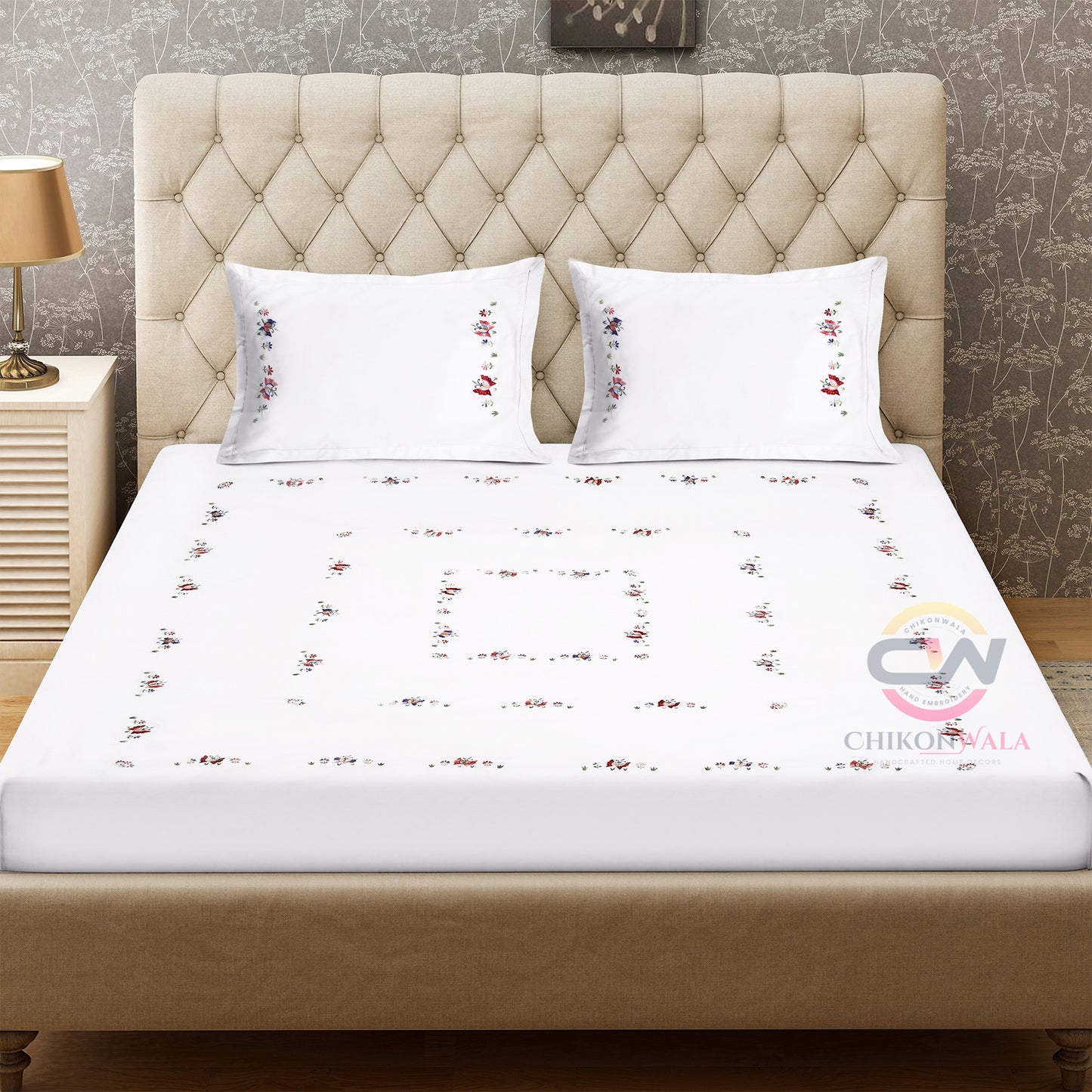 Chikonwala's Butterfly Embroidered White King Size Bedsheet