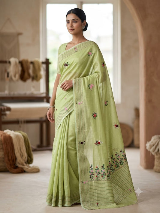 Premium Handcrafted Bullion Stitch Work Chanderi Saree with Blouse Piece
