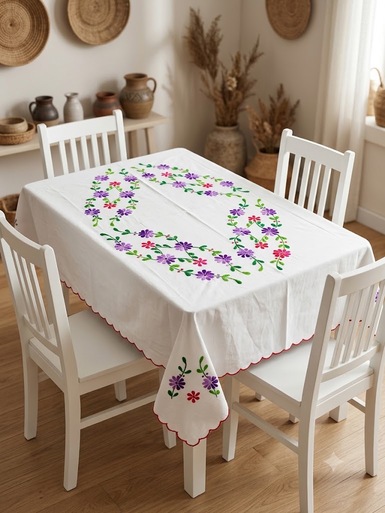 Hand Embroidered Four Seater Floral Table Cover