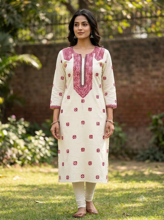 Hand Embroidered Pure Cotton Kurti Material | 3 Meter Premium Fabric | Made in India