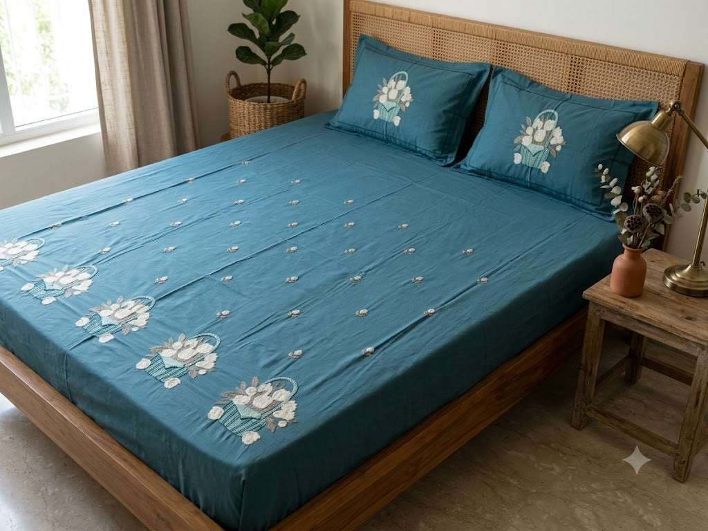 Premium Designer Embroidered Satin Cotton Bedsheet Set