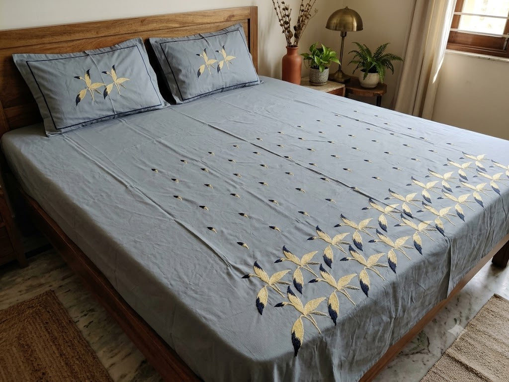Premium Designer Embroidered Satin Cotton Bedsheet Set