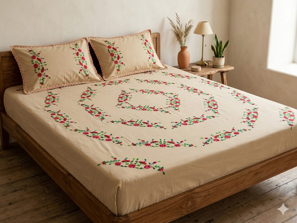 Chikonwala's Hand Embroidered Floral Design Bedsheet