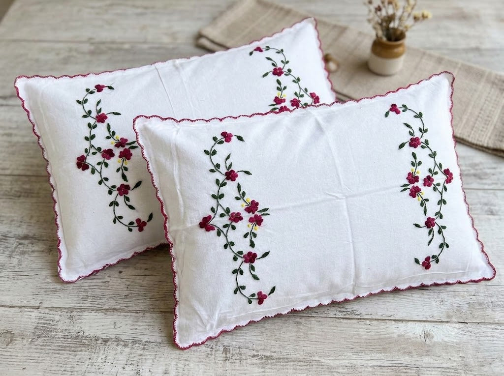 Chikonwala Hand-Embroidered Floral Pillow Cover Set– Set of 2