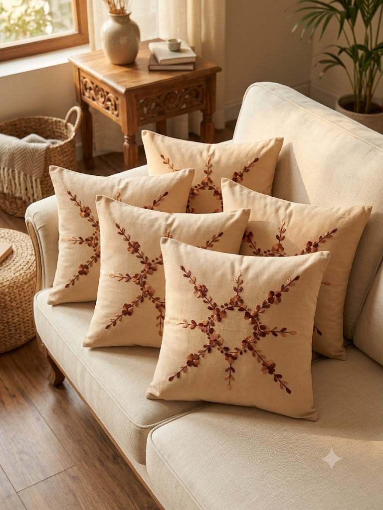 Hand Embroidered Cotton Cushion Covers (Set of 5)