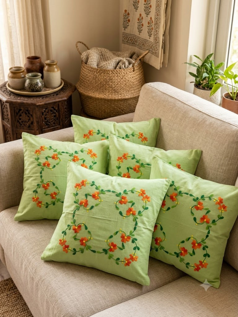 Hand Embroidered Cotton Cushion Covers (Set of 5)