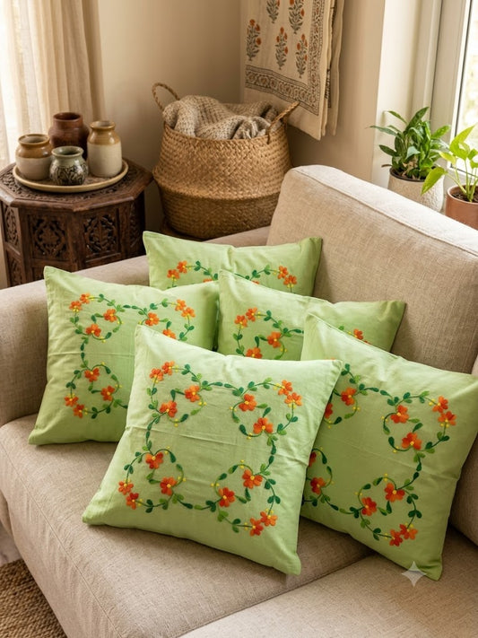 Hand Embroidered Cotton Cushion Covers (Set of 5)