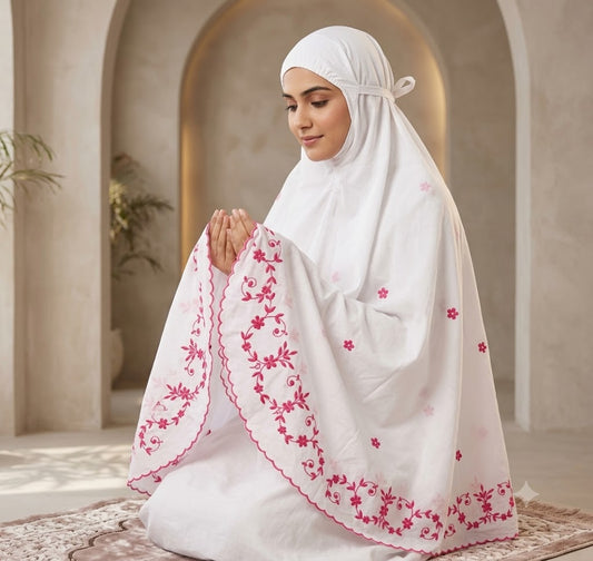 Chikonwala Hand Embroidered Cotton Islamic Namaz Hijab with Floral Embroidery