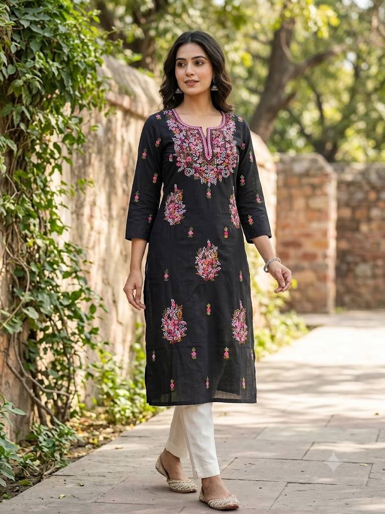Hand Embroidered Pure Cotton Kurti Material | 3 Meter Premium Fabric | Made in India
