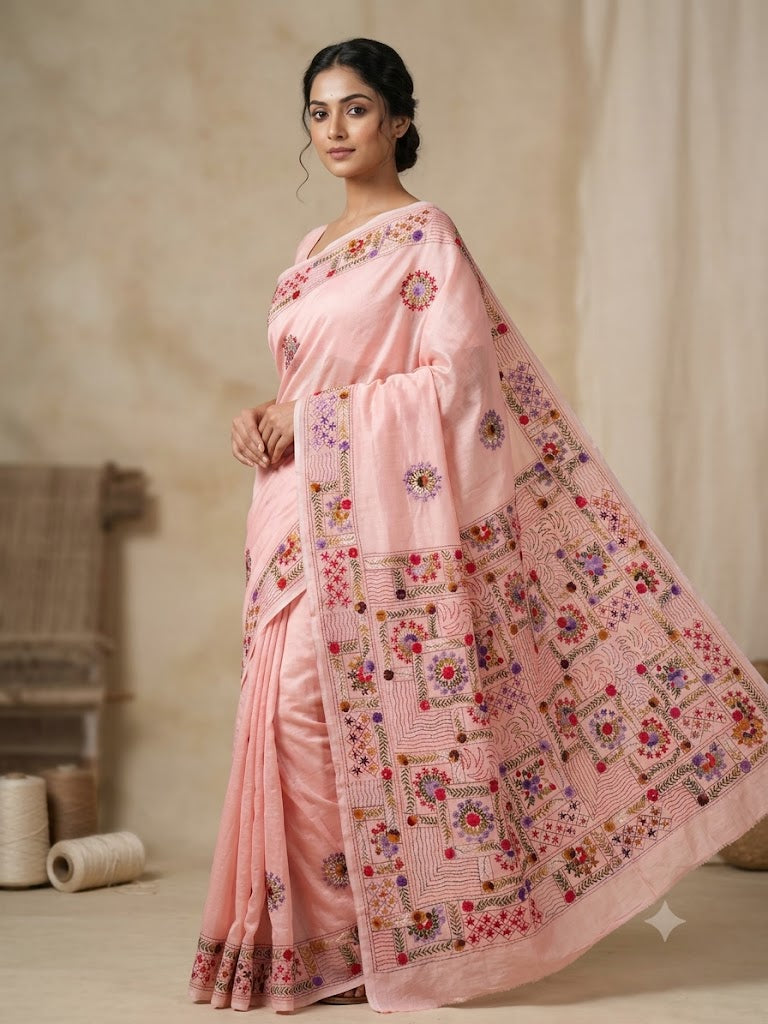 Premium Handcrafted Bullion Stitch Work Chanderi Saree with Blouse Piece