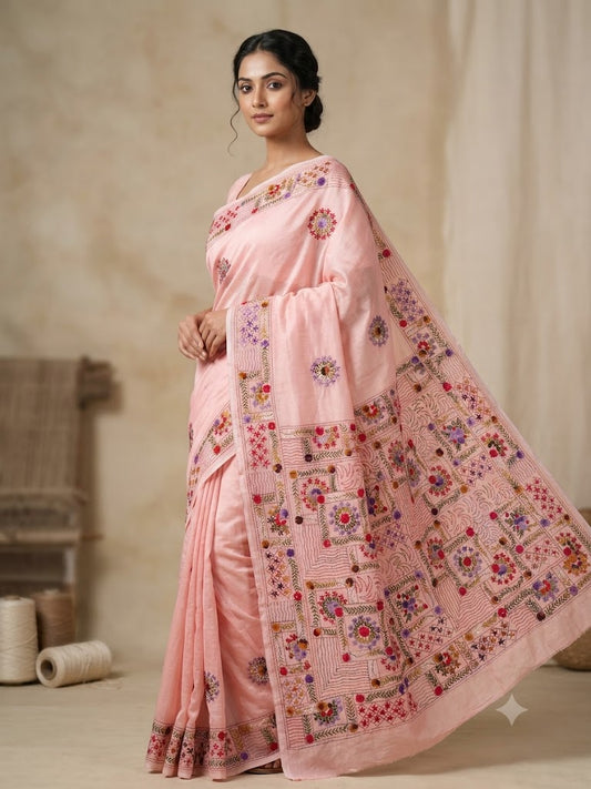 Premium Handcrafted Bullion Stitch Work Chanderi Saree with Blouse Piece