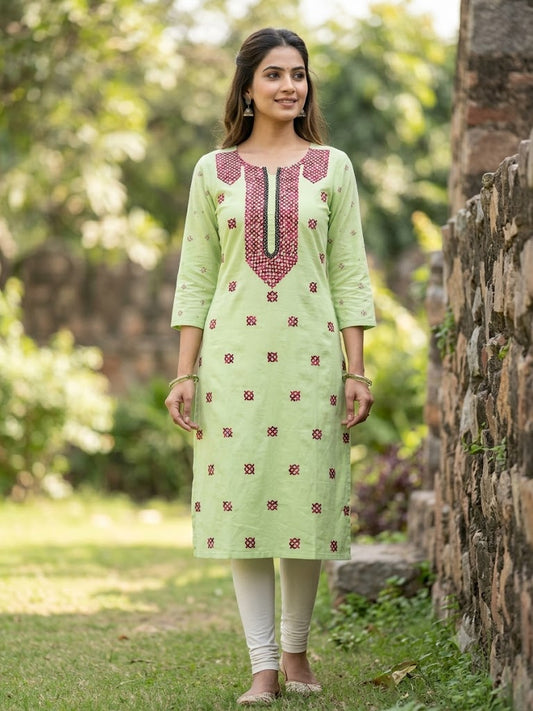 Title Hand Embroidered Pure Cotton Kurti Material | 3 Meter Premium Fabric | Made in India