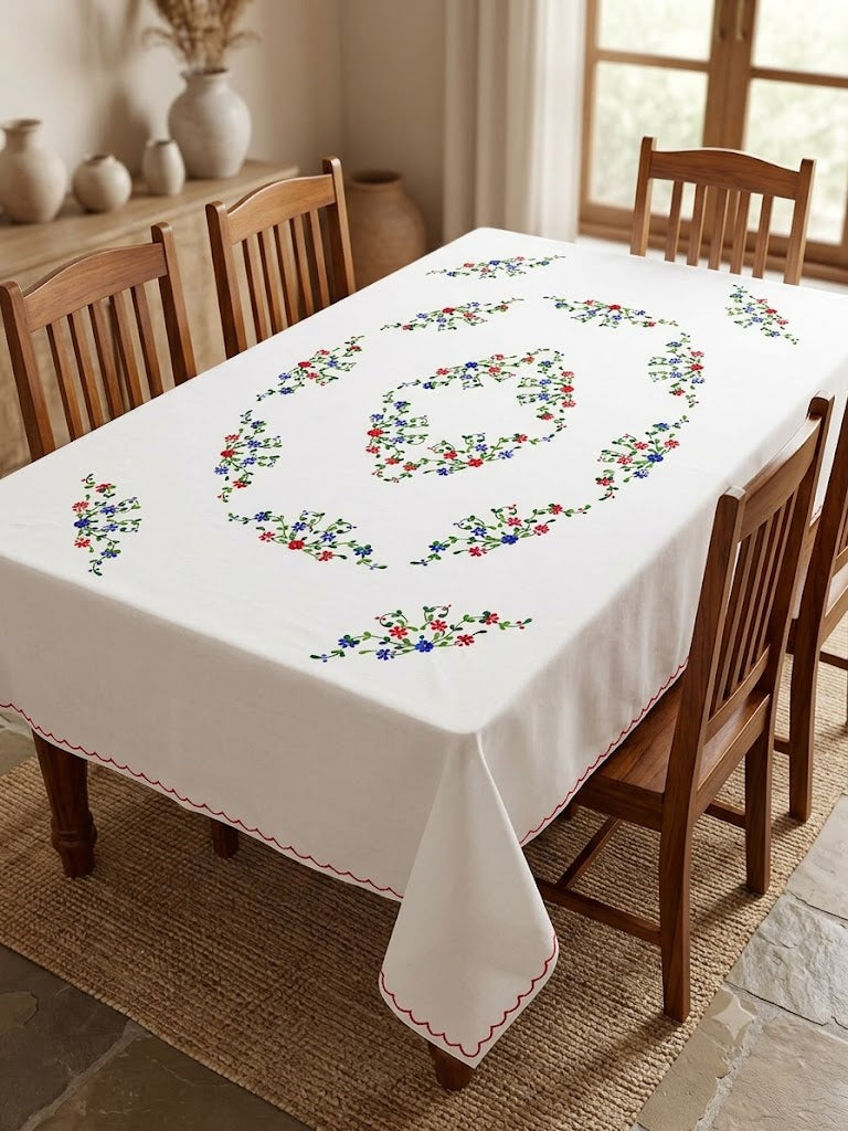 Hand Embroidered Floral Six Seater Table Cover