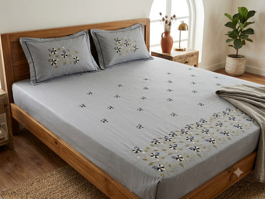 Premium Designer Embroidered Satin Cotton Bedsheet Set