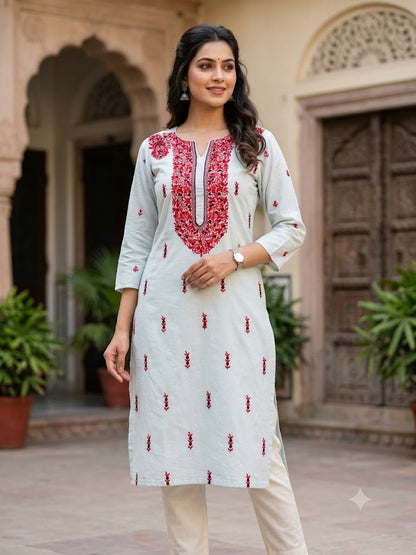 Hand Embroidered Pure Cotton Kurti Material | 3 Meter Premium Fabric | Made in India