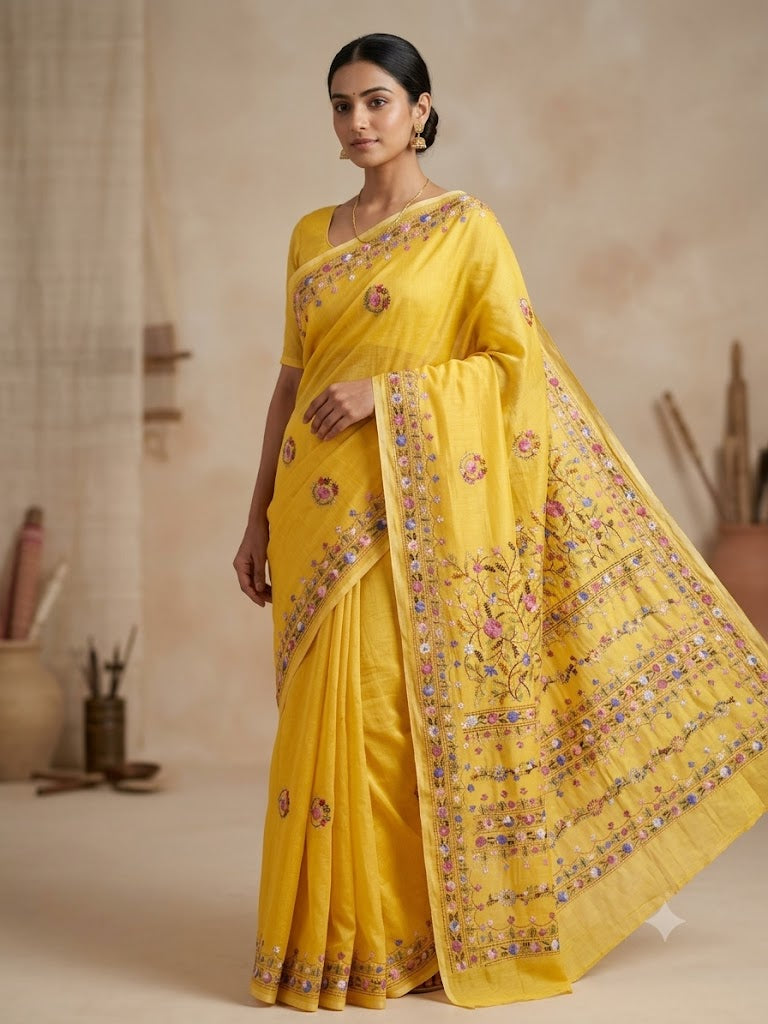 Premium Handcrafted Bullion Stitch Work Chanderi Saree with Blouse Piece