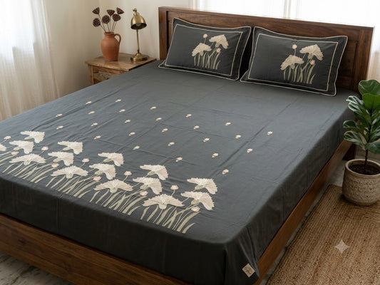 Premium Designer Embroidered Satin Cotton Bedsheet Set