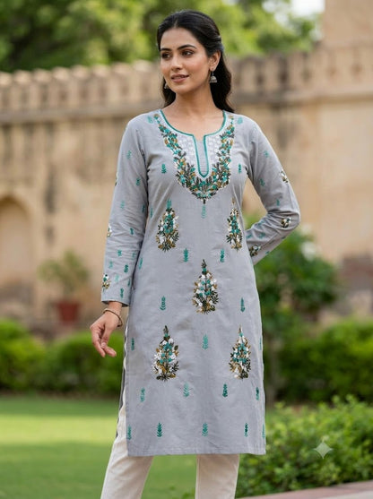 Hand Embroidered Pure Cotton Kurti Material | 3 Meter Premium Fabric | Made in India