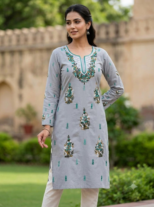 Hand Embroidered Pure Cotton Kurti Material | 3 Meter Premium Fabric | Made in India