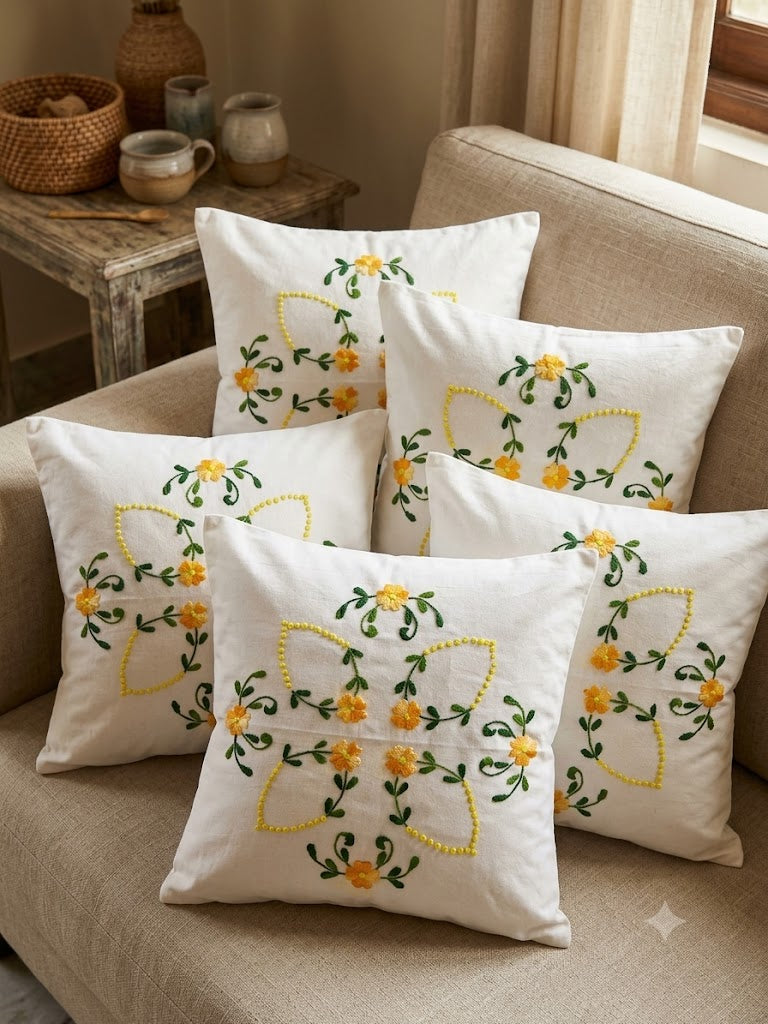 Hand Embroidered Cotton Cushion Covers (Set of 5)