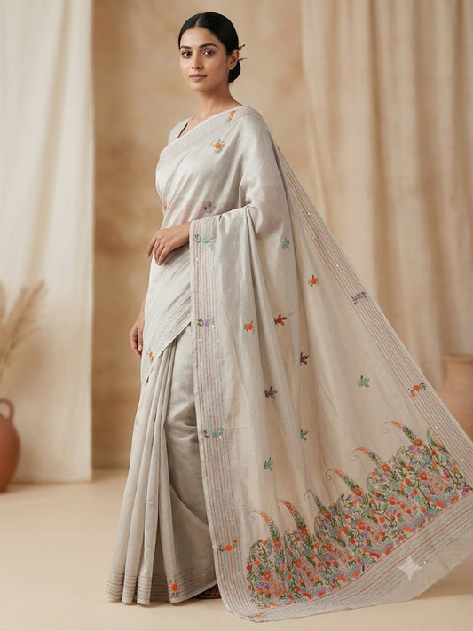 Premium Handcrafted Bullion Stitch Work Chanderi Saree with Blouse Piece