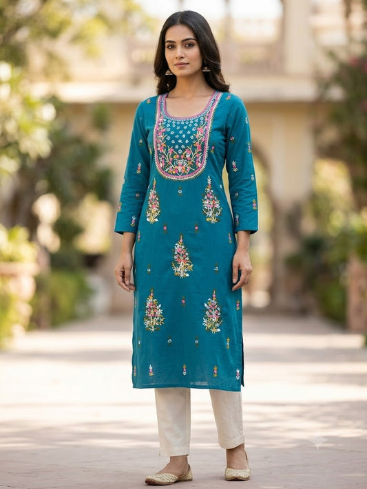 Hand Embroidered Pure Cotton Kurti Material | 3 Meter Premium Fabric | Made in India