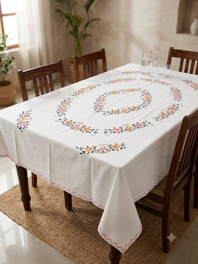 Hand Embroidered Floral Six Seater Table Cover