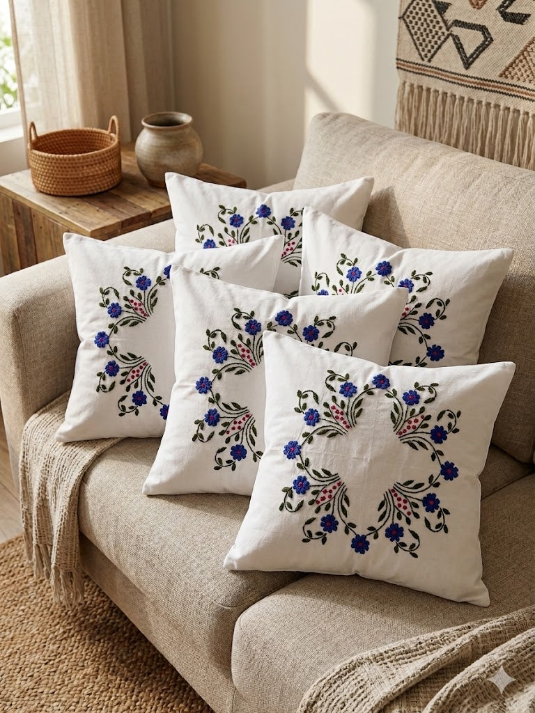 Hand Embroidered Cotton Cushion Covers (Set of 5)