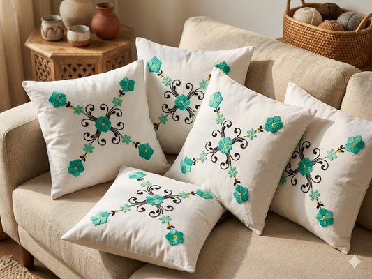 Hand Embroidered Cotton Cushion Covers (Set of 5)