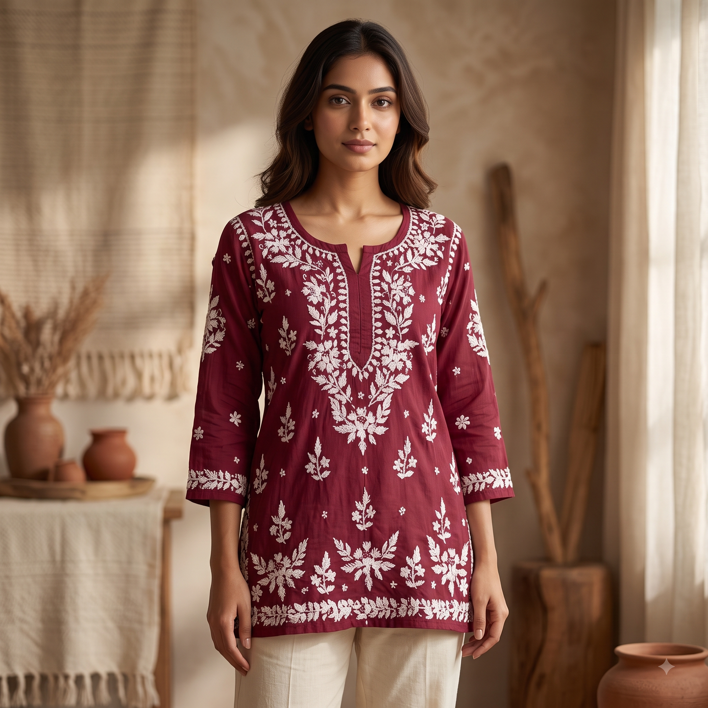 Hand Embroidered Chikankari Short Kurti – 3/4 Sleeve | Modal Fabric - Burgandy