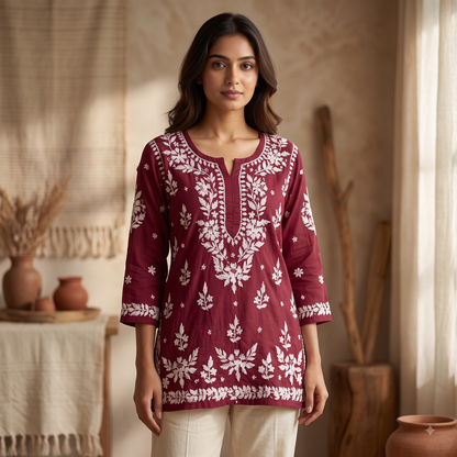 Hand Embroidered Chikankari Short Kurti – 3/4 Sleeve | Modal Fabric - Burgandy
