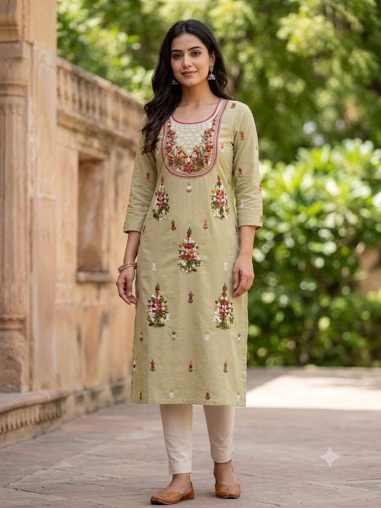 Hand Embroidered Pure Cotton Kurti Material | 3 Meter Premium Fabric | Made in India