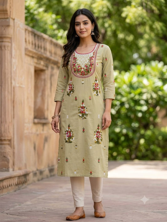 Hand Embroidered Pure Cotton Kurti Material | 3 Meter Premium Fabric | Made in India