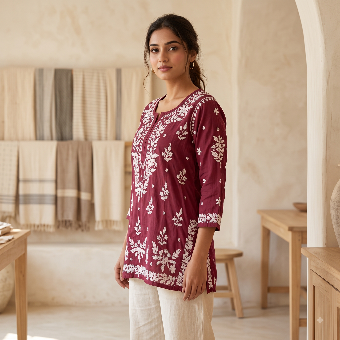 Hand Embroidered Chikankari Short Kurti – 3/4 Sleeve | Modal Fabric - Burgandy