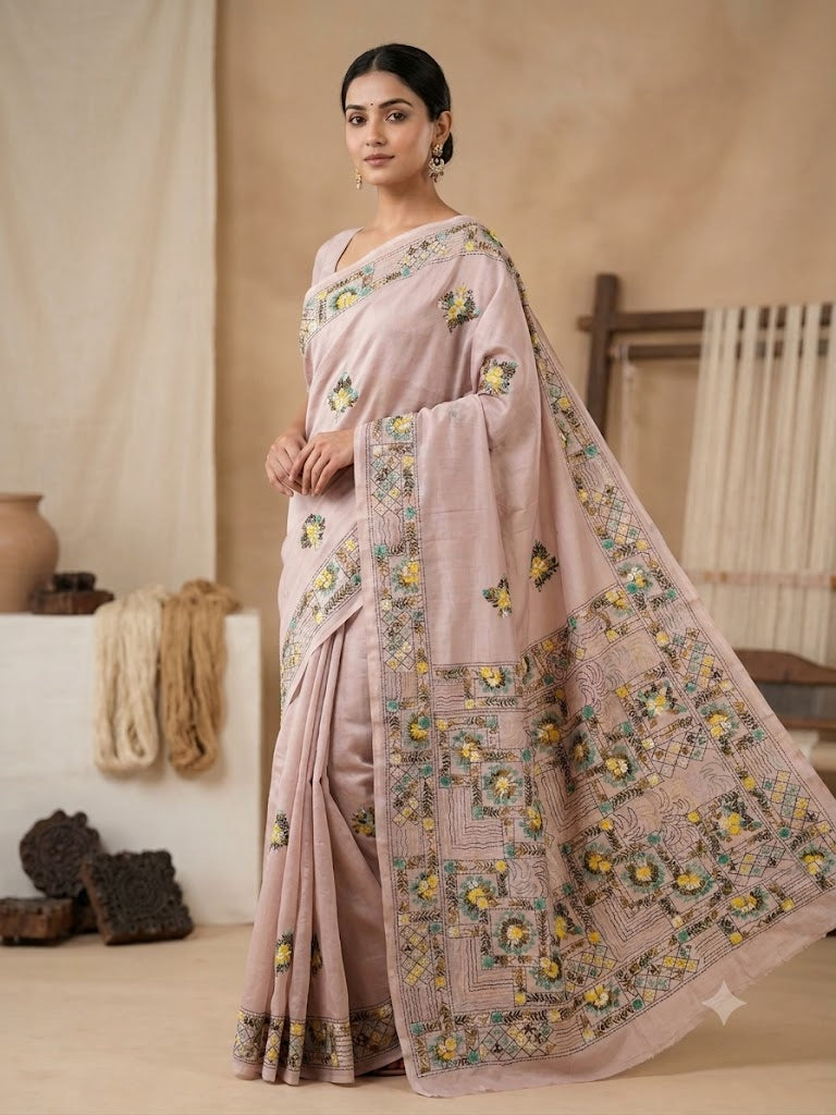 Premium Handcrafted Bullion Stitch Work Chanderi Saree with Blouse Piece